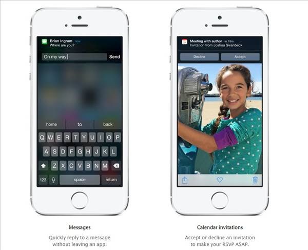 2. İnteraktif bildirim ve üçüncü parti widget'lar

iOS 8 ile birlikte artık yukarıdaki bildirim ekranından mesaj cevaplayabilecek, e-posta atabilecek, Facebook ya da Twitter gönderilerinize yorumlar atabileceksiniz.